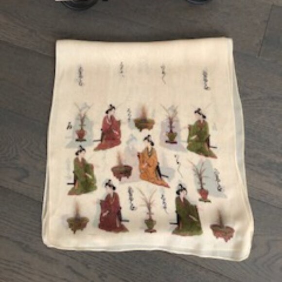 FAVOLOSA Vintage Designer 100% Rayon Scarf w Graphics Cream Grn Brn Gold Sz OS - Picture 1 of 4